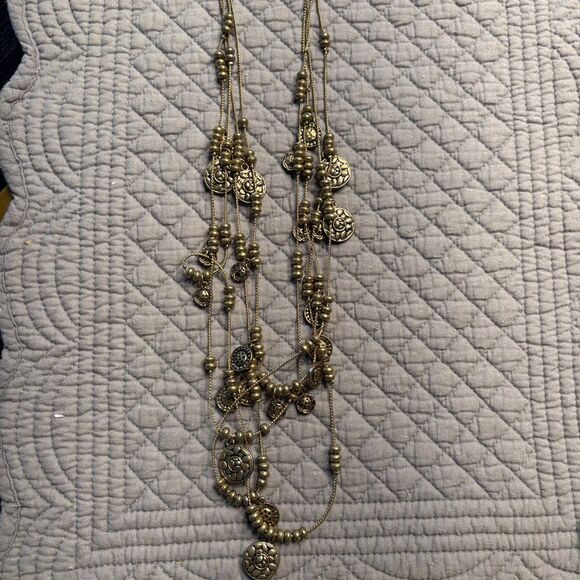 Boho Multi Strand Gold Tone Coin Bead Necklace 4 Layer Long 28” Adjustable - Picture 3 of 4